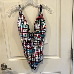 Red and Pink One Piece Swimsuit with Geometric Design